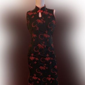 Ladies black and red qipao cheongsam Chinese moon bamboo dress oriental Glam